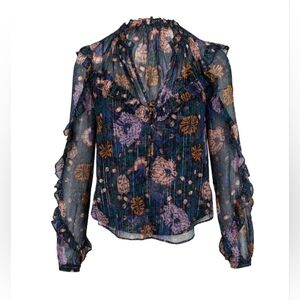 Veronica Beard Abra black floral multi semi sheer balloon sleeve boho silk top 4